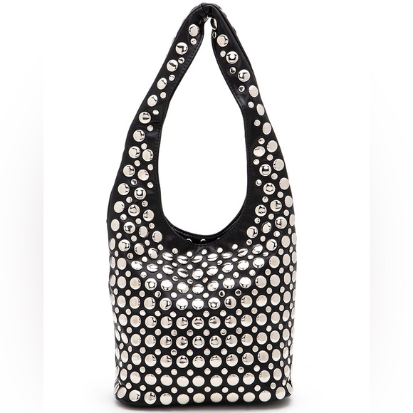 Handbags - Black & Silver Studded Slouchy Hobo Bag